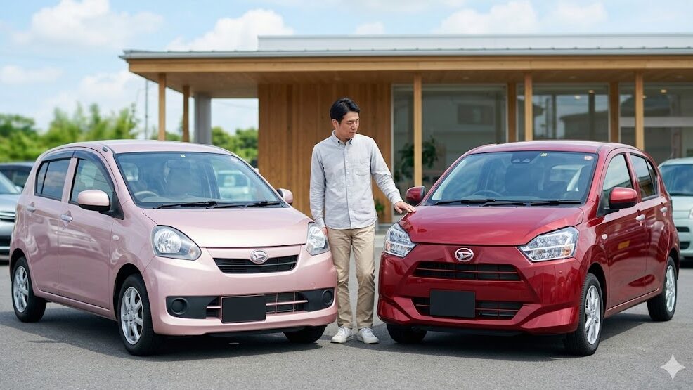 中古車販売店の屋外で並ぶ、旧型ミライースのライトローズマイカメタリック（ピンク）と現行型ミライースのファイアークォーツレッドメタリック。廃止されたピンクと新しい赤の違いを表現