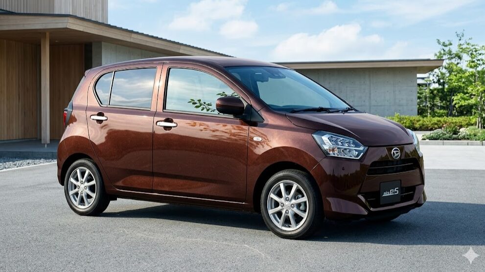 モダンな建築物の屋外駐車場に停まる、落ち着いた質感のプラムブラウンクリスタルマイカのミライース。太陽光を浴びてマイカが輝く