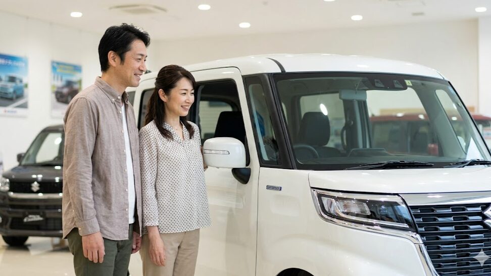 ディーラーで最新の軽自動車を前に、笑顔で相談する日本人夫婦。200万円クラスの軽自動車の購入を検討している。