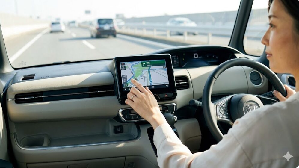 最新の軽自動車（N-BOX）の運転席。大型ナビや安全装備が充実したインパネを操作する様子。200万円クラスの装備の良さを表現。