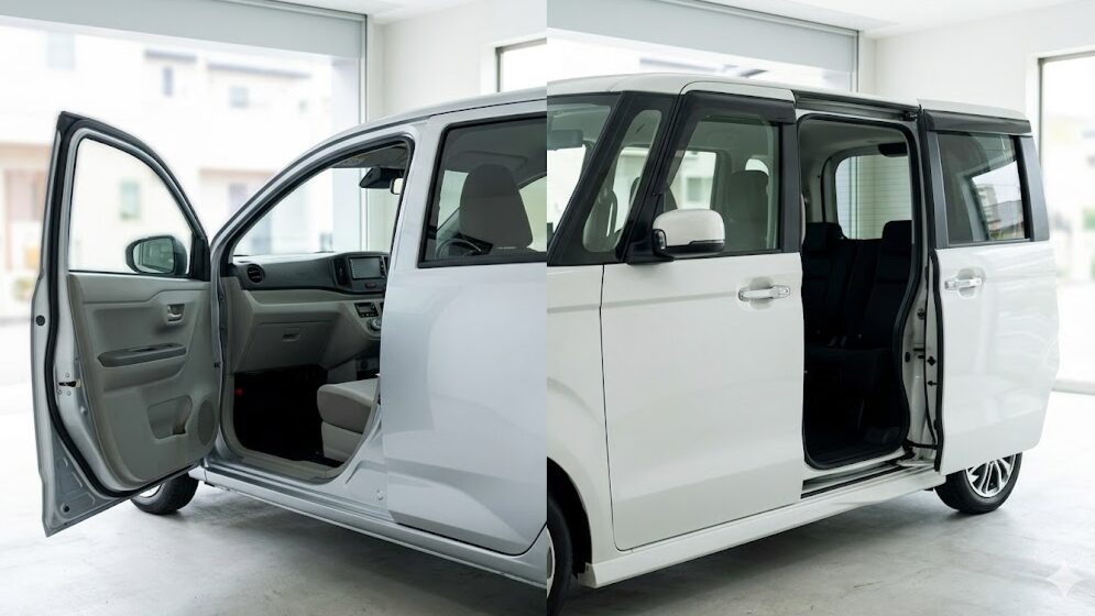 ヒンジドアのセダン（ミラ イース）と、電動スライドドアのスーパーハイトワゴン（N-BOX）の比較。150万円と200万円の装備差を視覚化。