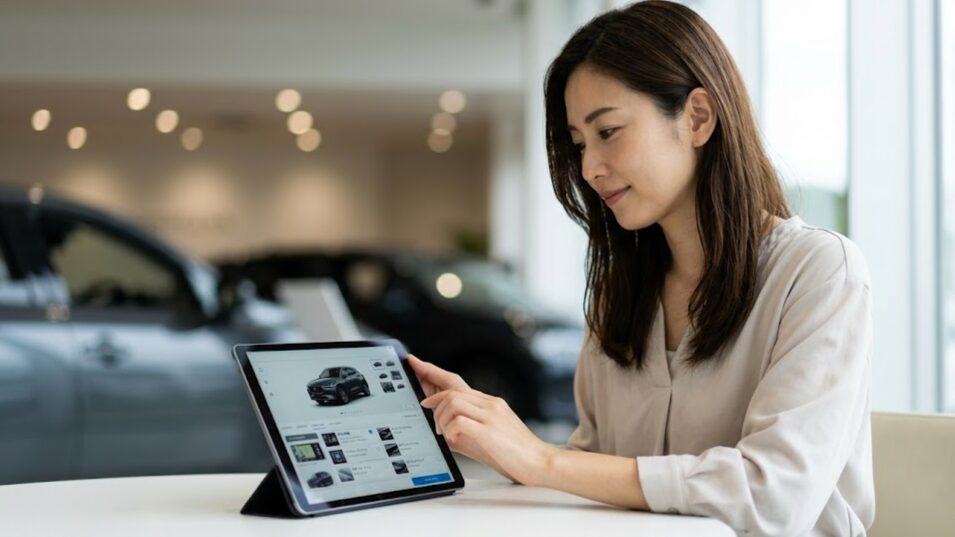 タブレットで軽自動車の見積もりオプションを確認する女性の手。カーナビやコーティングなどの取捨選択をして予算調整している。