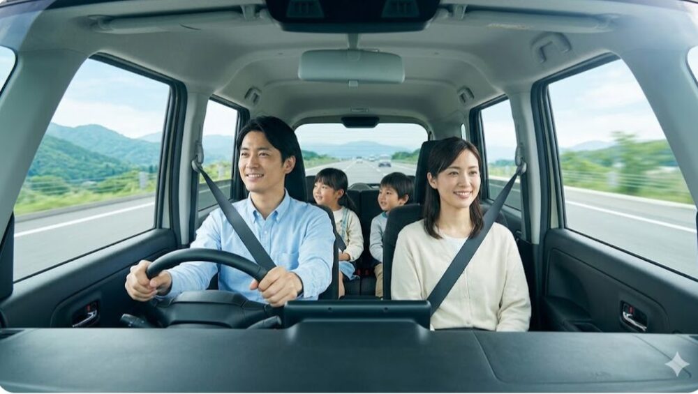 高速道路を安定して走行するスーパーハイトワゴン（スペーシア）と、車内でくつろぐ日本人家族。ターボ車での快適なドライブ。