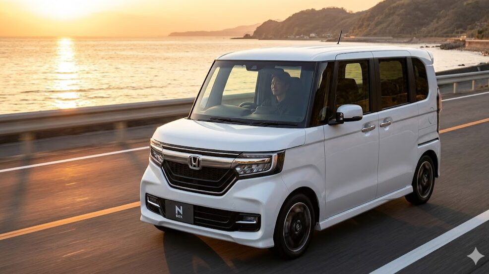 夕暮れの海岸線をスムーズに走る最新の軽自動車（N-BOXカスタム）。200万円の投資に見合う快適性と満足感を表現。