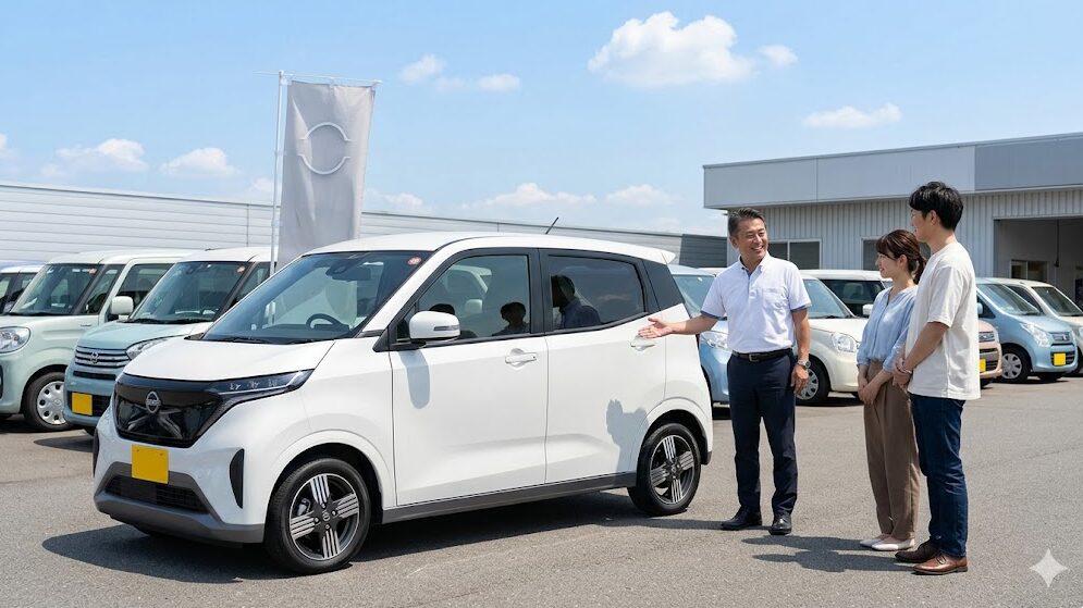 古車販売店の屋外展示場に並ぶ、状態の良い日産サクラ（白）