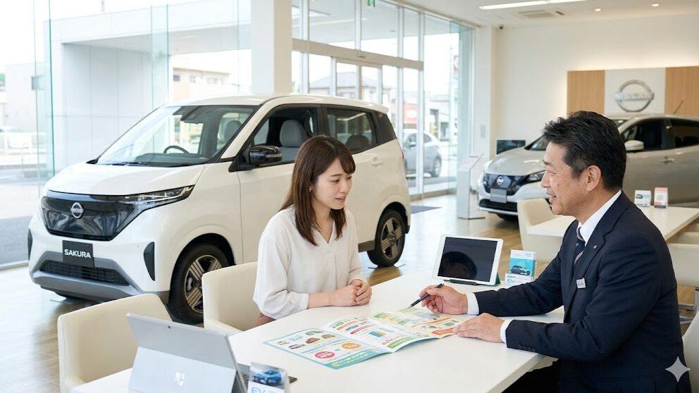 明るい光の差し込む日産のディーラーのショールームで、スタッフから新車サクラの価格や補助金制度について説明を受けている女性