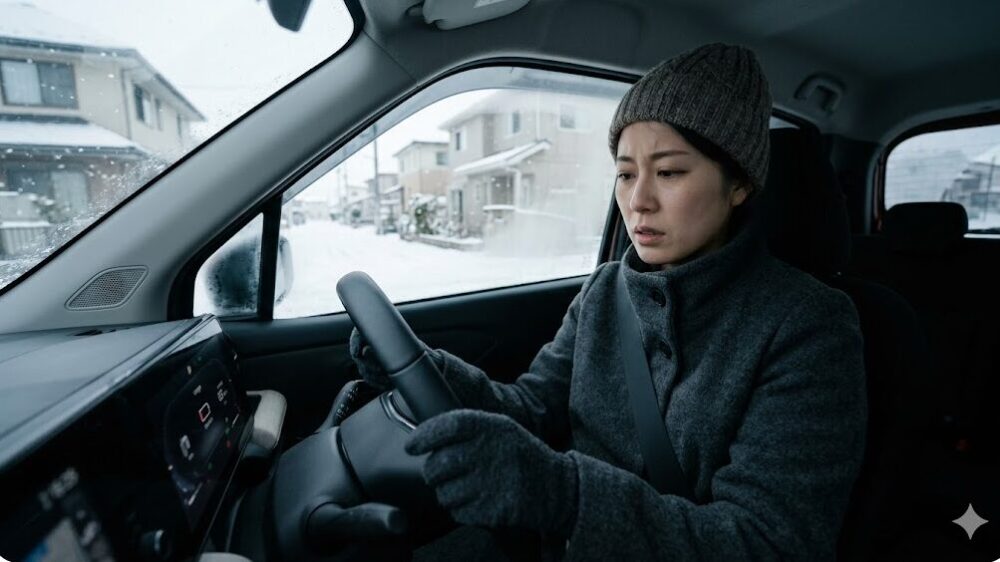 冬の寒空の下、日産サクラを運転する日本人女性が、メーターパネルの航続距離表示を少し不安げな表情で見ている車内カット