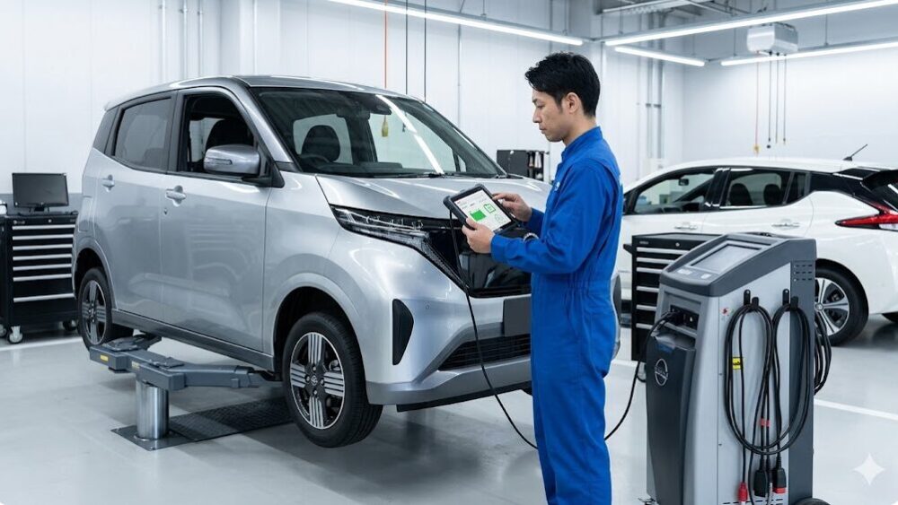 日産の整備工場で、つなぎを着た日本人整備士が専用の診断端末（タブレット）を日産サクラに接続し、バッテリーの健康状態を真剣にチェックしている風景。