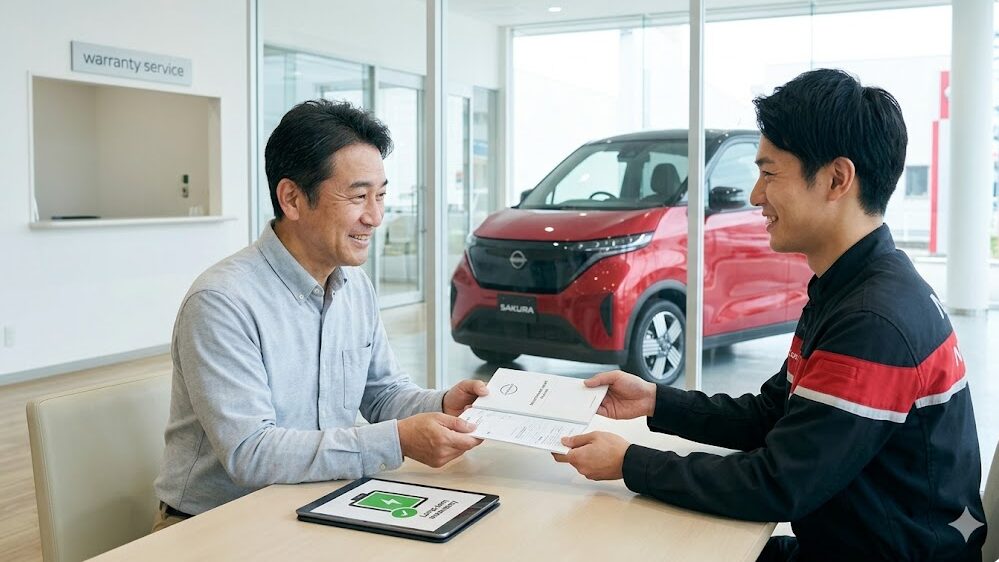 日産ディーラーのラウンジで、日本人男性客が笑顔で整備士から整備手帳（保証書）を受け取り、バッテリー容量保証の説明を受けている安心感のある光景。
