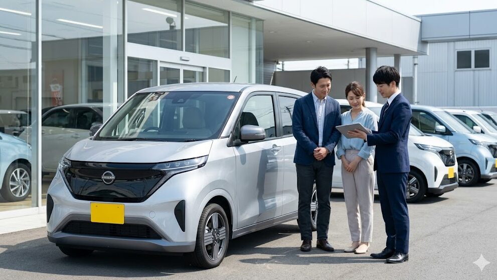 日本の中古車販売店で、日本人夫婦が販売員と一緒にシルバーの日産サクラの状態を確認し、タブレットで賢い選び方のポイントを説明されている写真。