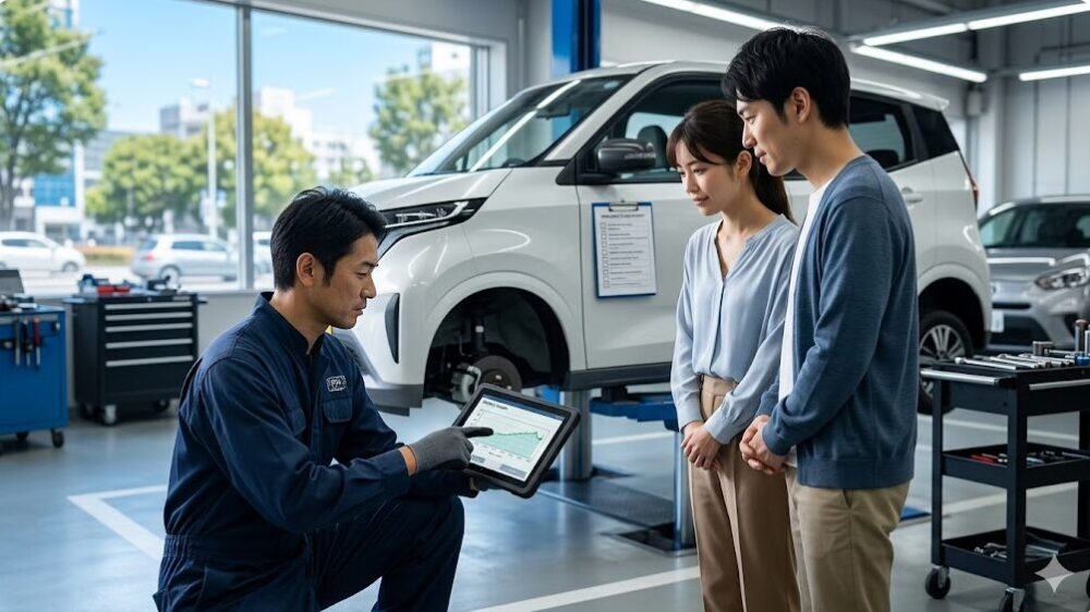 日本のプロフェッショナルな整備工場で、日本人整備士がタブレットでused EVのバッテリー診断結果を日本人夫婦に説明しており、走行距離だけでなく全体的な健康状態を賢くチェックする方法を示している写真