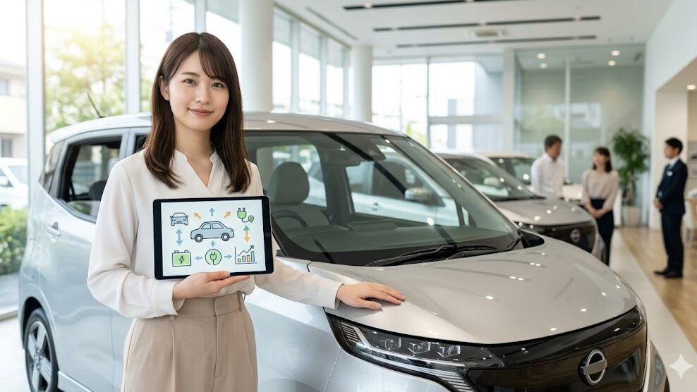 日本の中古車販売店のショールームで、日本人女性が日産サクラの中古車の前でタブレットを持ち、安さの理由を解説したインフォグラフィックを確認している写真