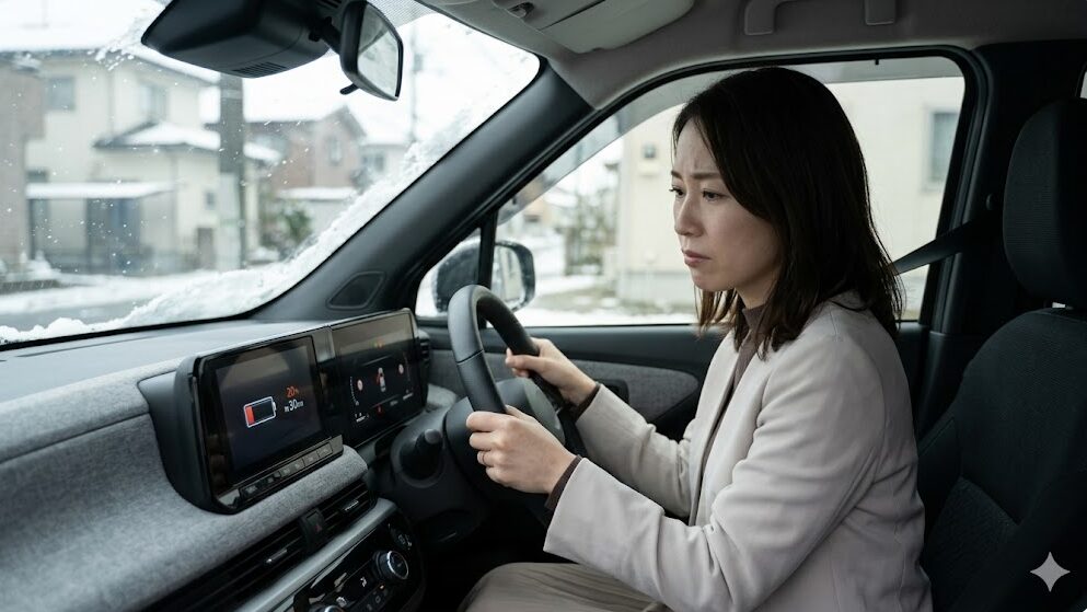 冬の寒い日に日産サクラ運転席で暖房を使い、航続距離の急激な減少とバッテリー残量の少なさに不安を覚える日本人女性ドライバー