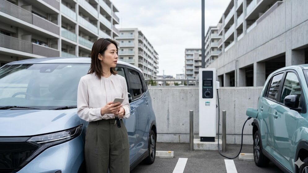 アパートの駐車場で日産サクラの公共充電器利用を待つ日本人女性オーナー。