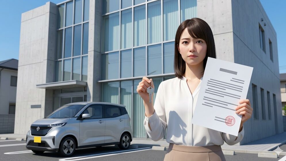 銀行前で日産サクラと補助金交付決定通知書を持つ、4年間の保有義務を意識する日本人女性。