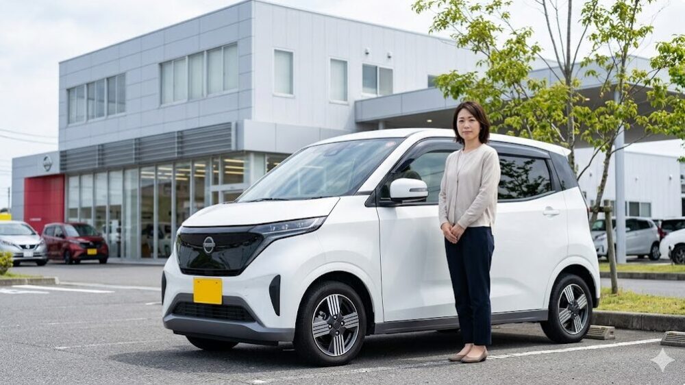 中古車販売店前で、白の日産サクラの状態を確認し、満足げな表情の日本人女性購入者