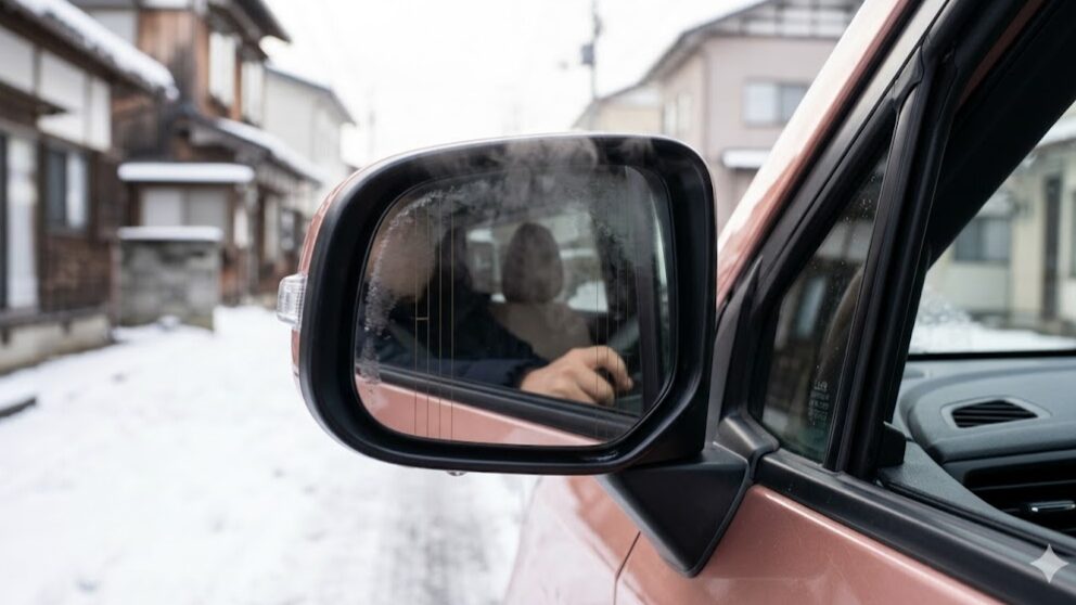 日産サクラの寒冷地仕様に装備されるヒーター付ドアミラーが、雪国の朝に凍結した氷を熱で溶かしている様子