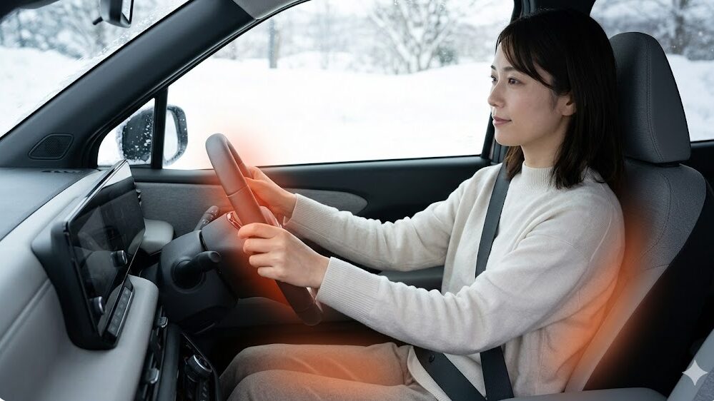 冬の寒い朝、日本人女性ドライバーが日産サクラのステアリングヒーターとシートヒーターの暖かさに触れ、笑顔で快適に運転を始めている様子。