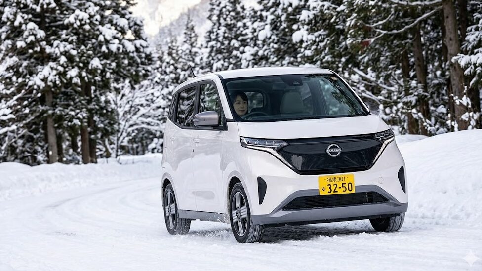 積雪した日本の山間部の道路を、日産サクラ(2WD)が緻密なモーター制御により滑ることなくスムーズに走行している。低重心による安定感と、EVならではの雪道走破性を表現