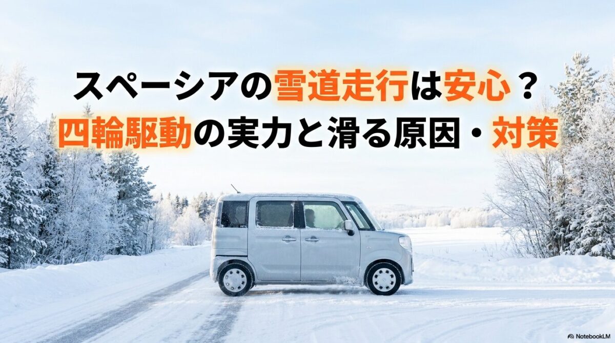 スペーシアの雪道走行は安心?四輪駆動の実力と滑る原因・対策を解説するガイドの表紙画像。