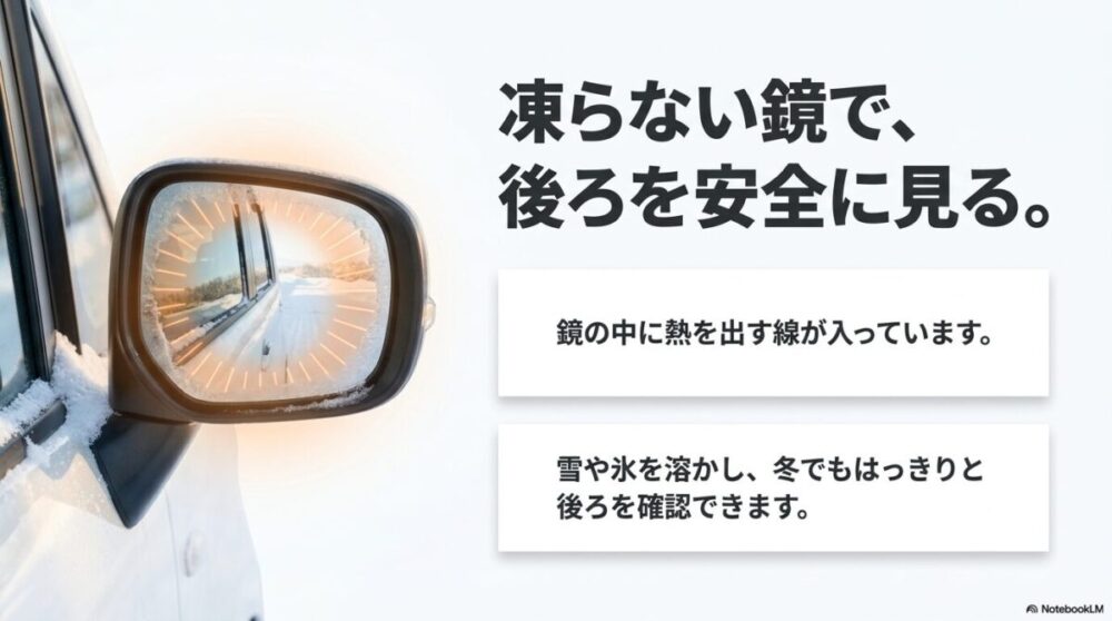 鏡の中の熱線で雪や氷を溶かし、冬でもはっきりと後ろを確認できるヒーター付ドアミラーの解説スライド