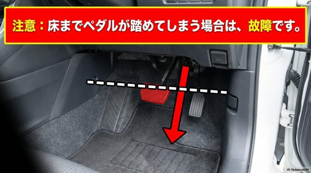 パーキングブレーキペダルが床まで踏み切れてしまう状態は重大な故障であることを示す警告スライド。