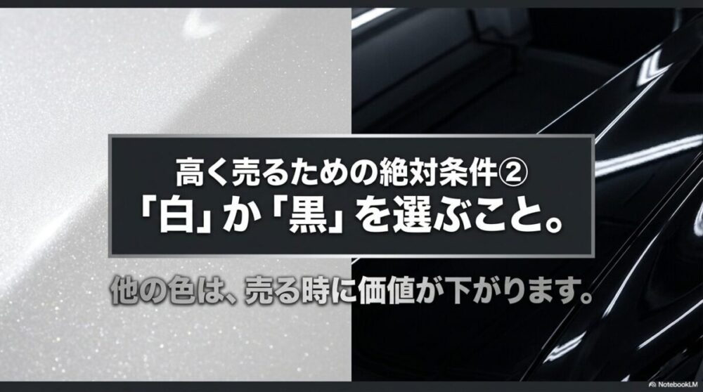 売却時の価値を下げないために、ボディカラーは「白」か「黒」を選ぶべきという注意スライド