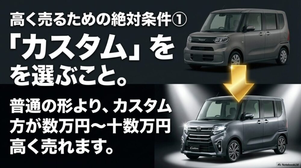 標準モデルよりカスタムモデルの方が数万から十数万円高く売れることを説明するスライド