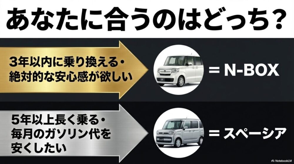 3年以内の乗り換えならN-BOX、5年以上長く乗るならスペーシアが合うことを示す判定スライド