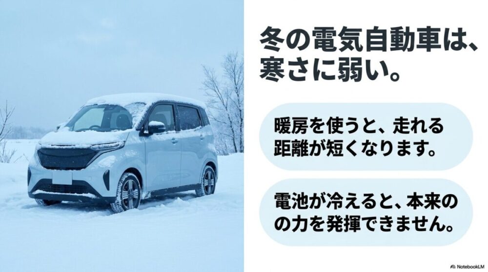 冬のEVは寒さに弱く、暖房による航続距離の短縮や電池の温度低下による性能低下を説明するスライド