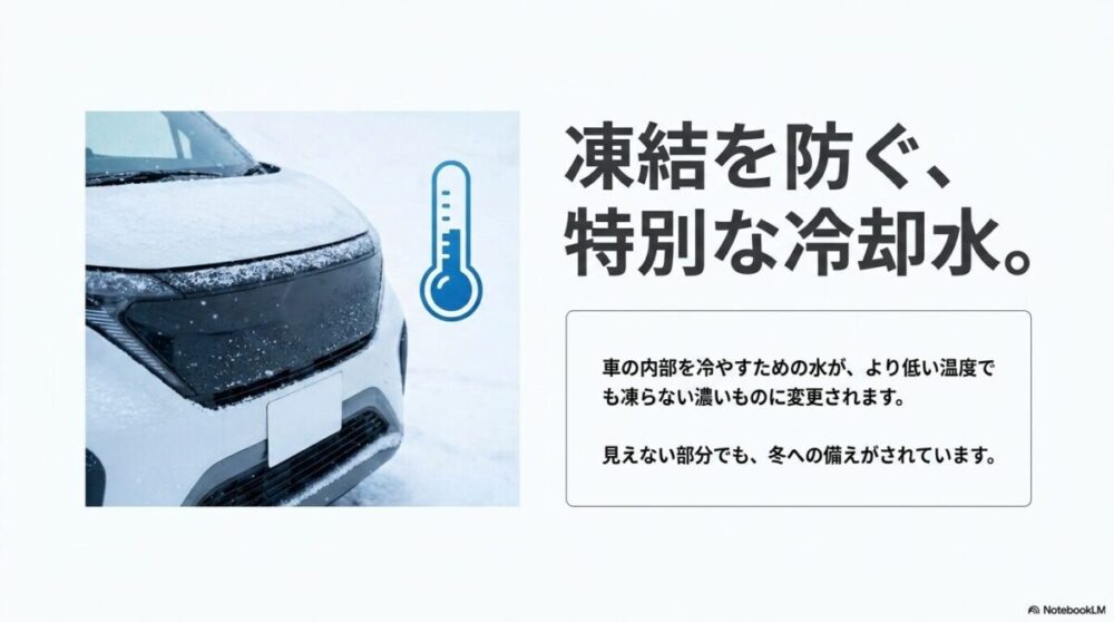 車の内部を冷やすための水がより低い温度でも凍らない濃いものに変更されることを説明するスライド