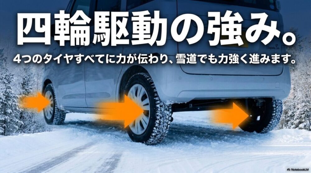 4つのタイヤすべてに力が伝わり、雪道でも力強く進む4WDの仕組みの解説