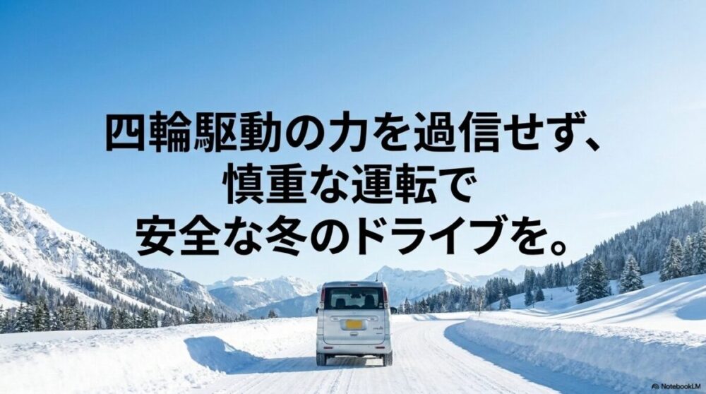 四輪駆動を過信せず慎重な運転で安全な冬のドライブを呼びかけるエンディング画像。