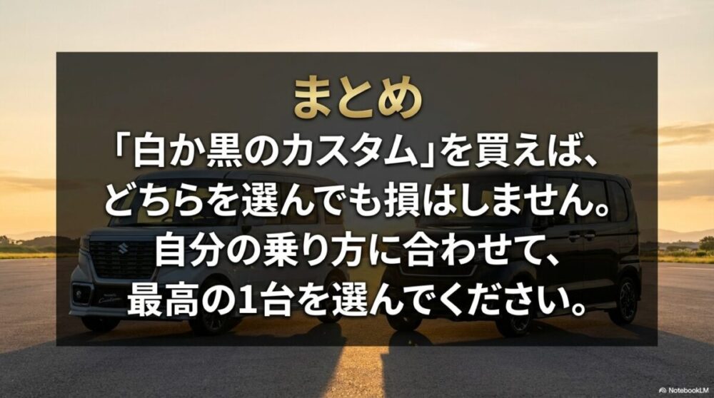 白か黒のカスタムを買えばどちらを選んでも損はしないという結論のまとめスライド