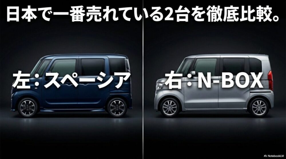 左側にスズキ・スペーシア、右側にホンダ・N-BOXを並べた比較導入スライド