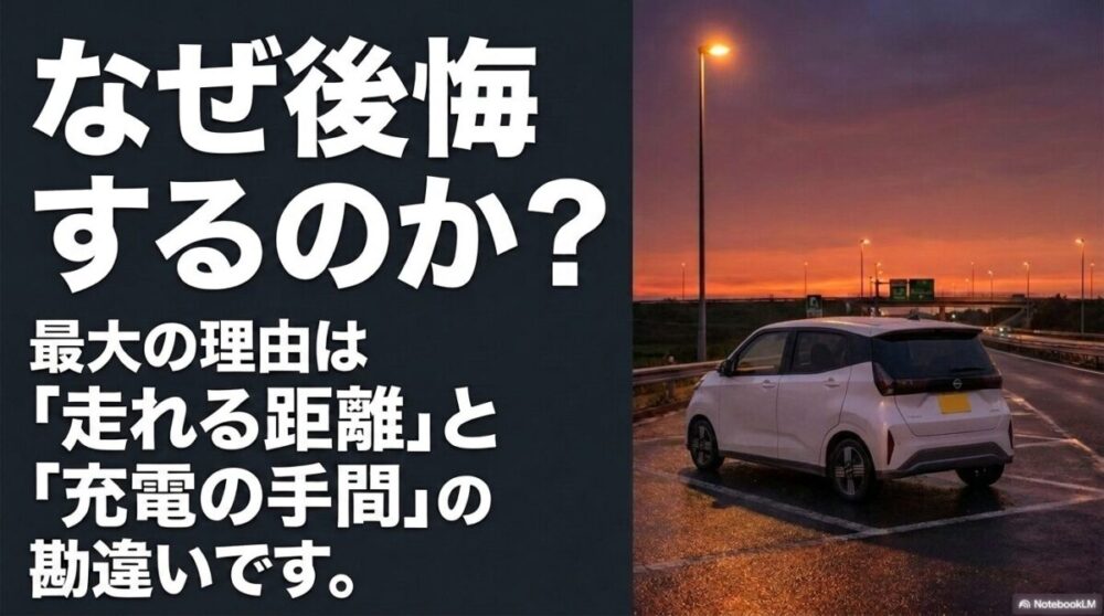 日産サクラで後悔する最大の理由は「走れる距離」と「充電の手間」の勘違いであることを示すスライド画像