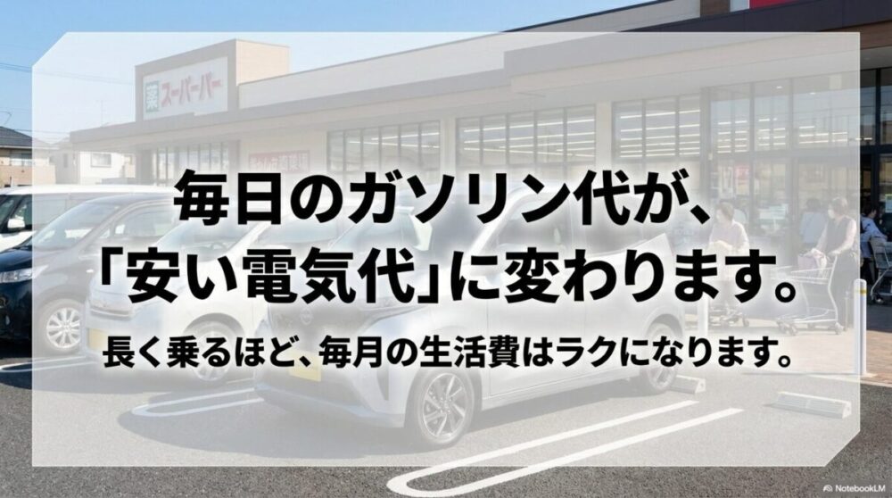 ガソリン代が安い電気代に変わり、長く乗るほど生活費が楽になることを説明するスライド。