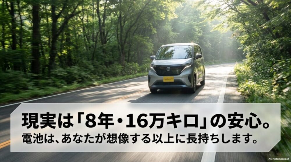 日産サクラの8年16万キロ保証と、電池が想像以上に長持ちすることを説明するスライド。