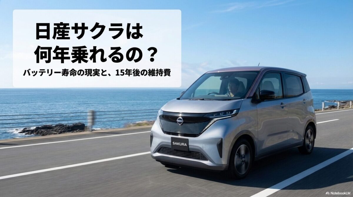 日産サクラの寿命と15年後の維持費を解説するスライドの表紙画像。