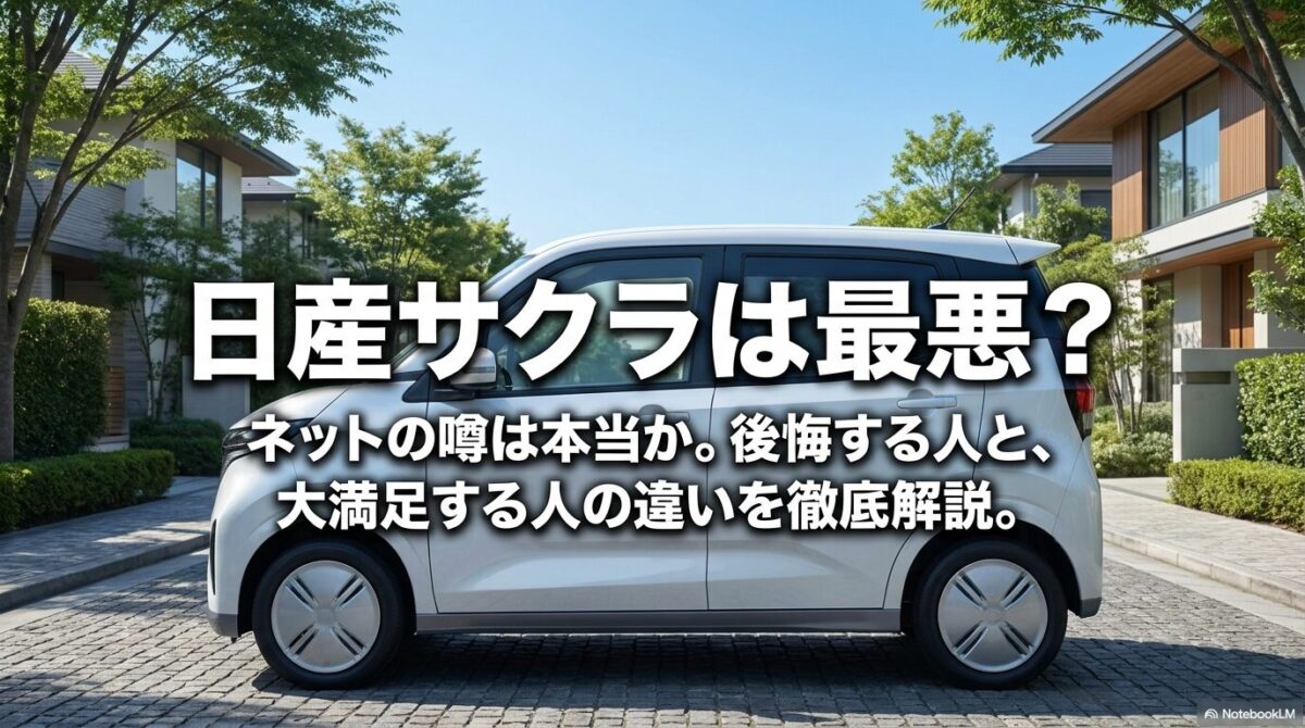 日産サクラは最悪なのか、ネットの噂と後悔する人・満足する人の違いを解説するスライド画像