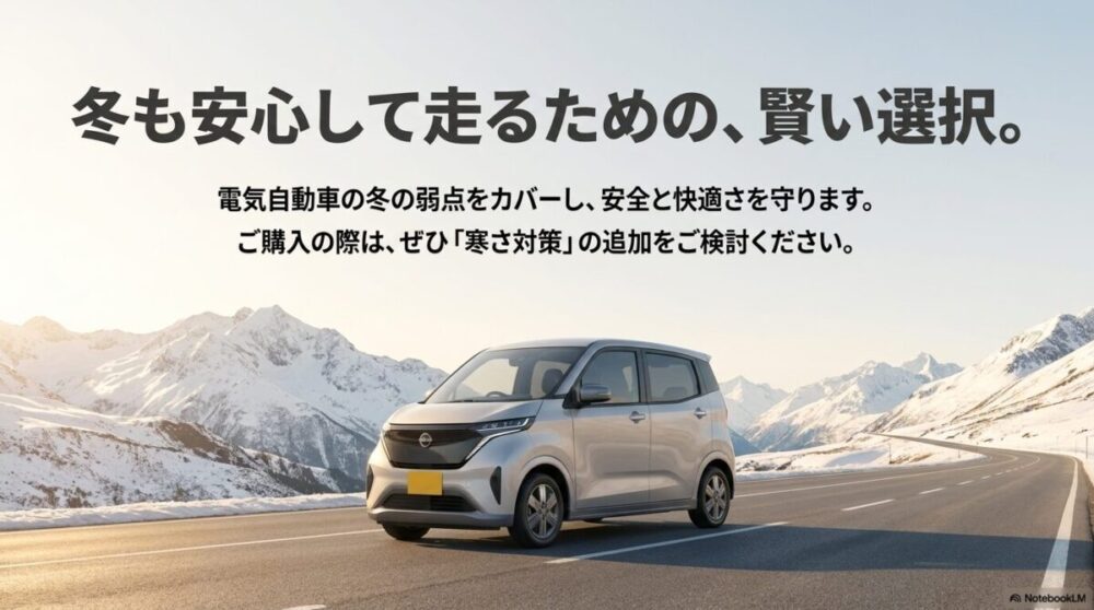 冬も安心して走るための賢い選択として、EVの弱点をカバーし安全と快適を守る寒冷地仕様の検討を促すまとめスライド