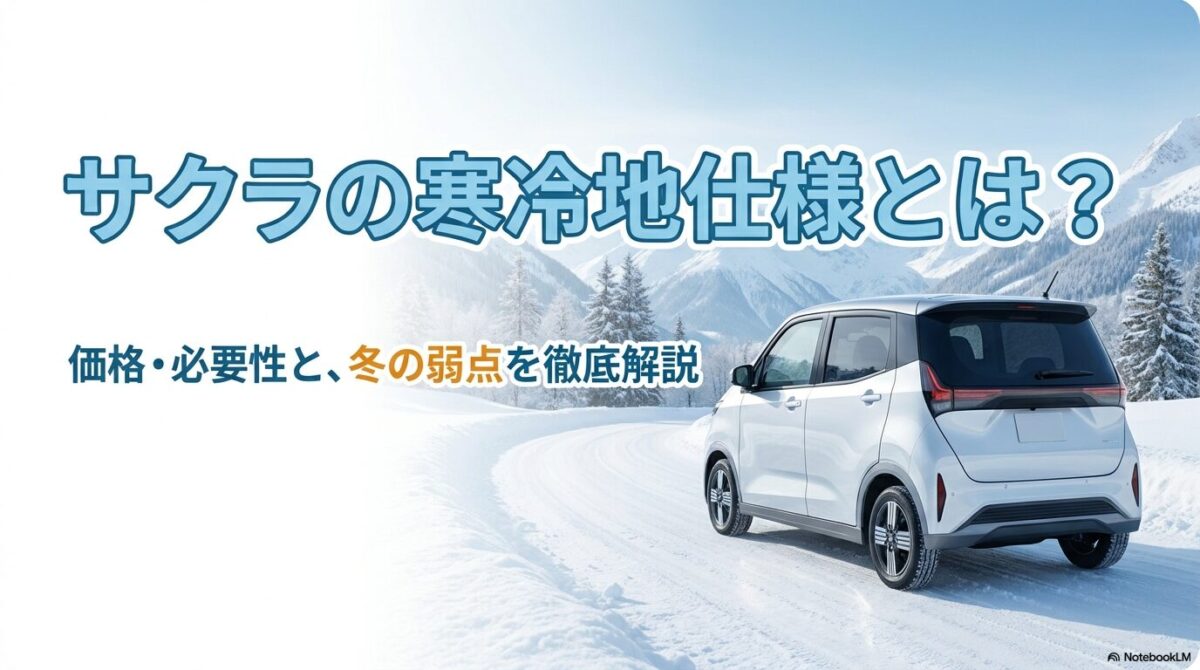 雪道を走行する日産サクラの画像と「日産サクラの寒さ対策。何が違う?」というタイトルのスライド