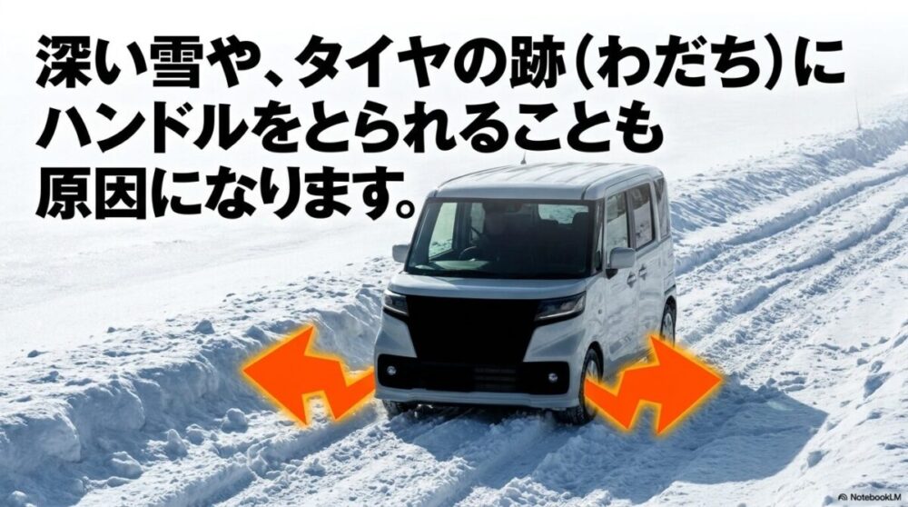 深い雪やタイヤの跡(わだち)にハンドルをとられることが滑る原因になることの解説。