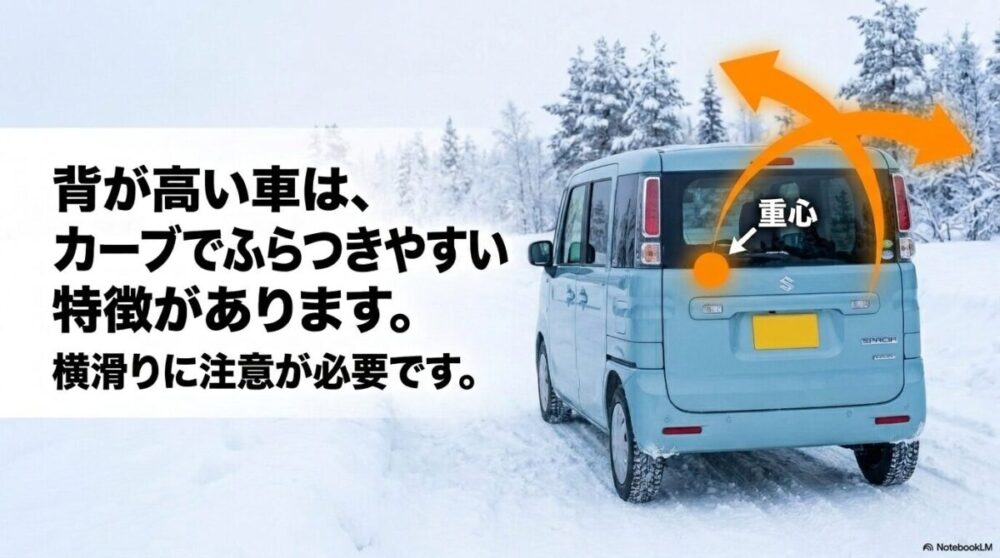 背が高い車は重心が高く、カーブでふらつきやすく横滑りに注意が必要であることを示す図解。