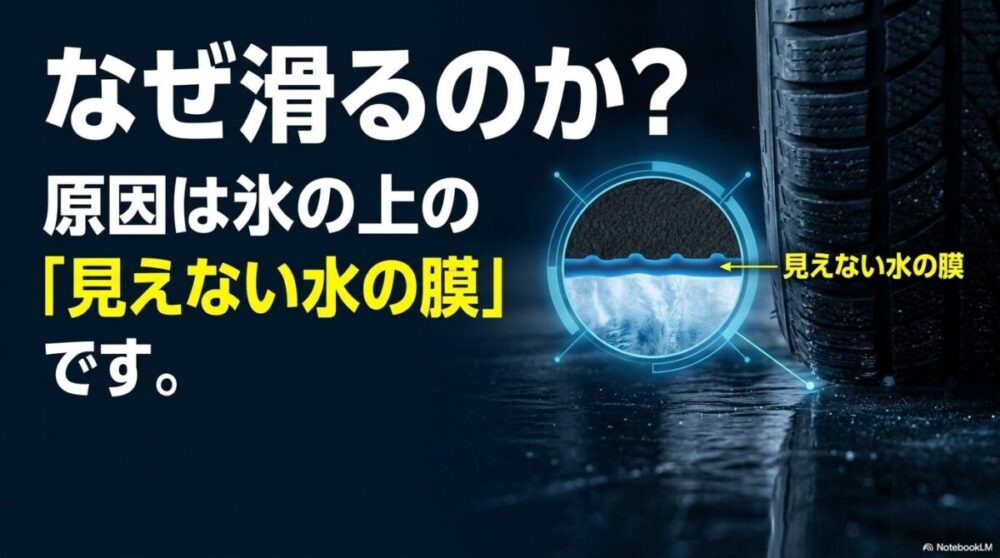 氷の上の見えない水の膜が原因でタイヤが滑る仕組みを説明する画像。